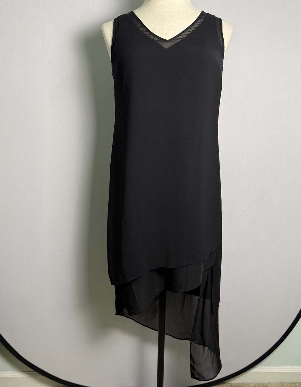 White House Black Market Women 8 Black Asymmetric Sheer Layer LBD Cocktail Dress